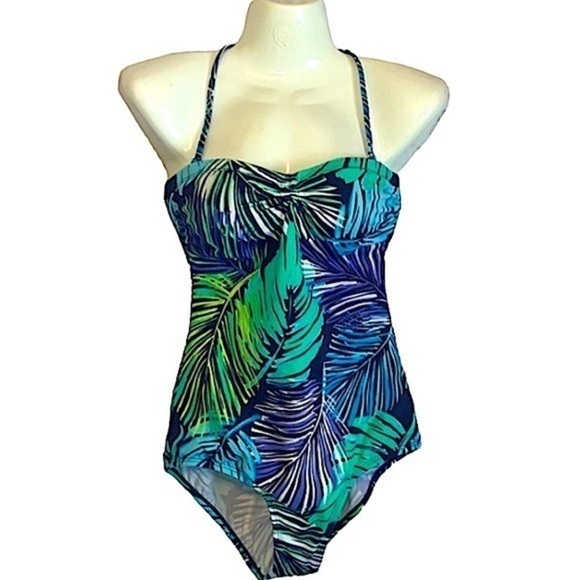 JANTZEN One Piece Swimsuit Size 8 Convertible Halter/Strapless Blue & Green Leaf - Picture 1 of 6